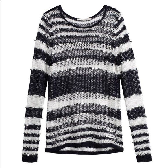 {Chico’s} Sequin Striped Open Weave Sweater - Picture 3 of 8